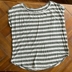 Olive green and white striped scoop neck shirt